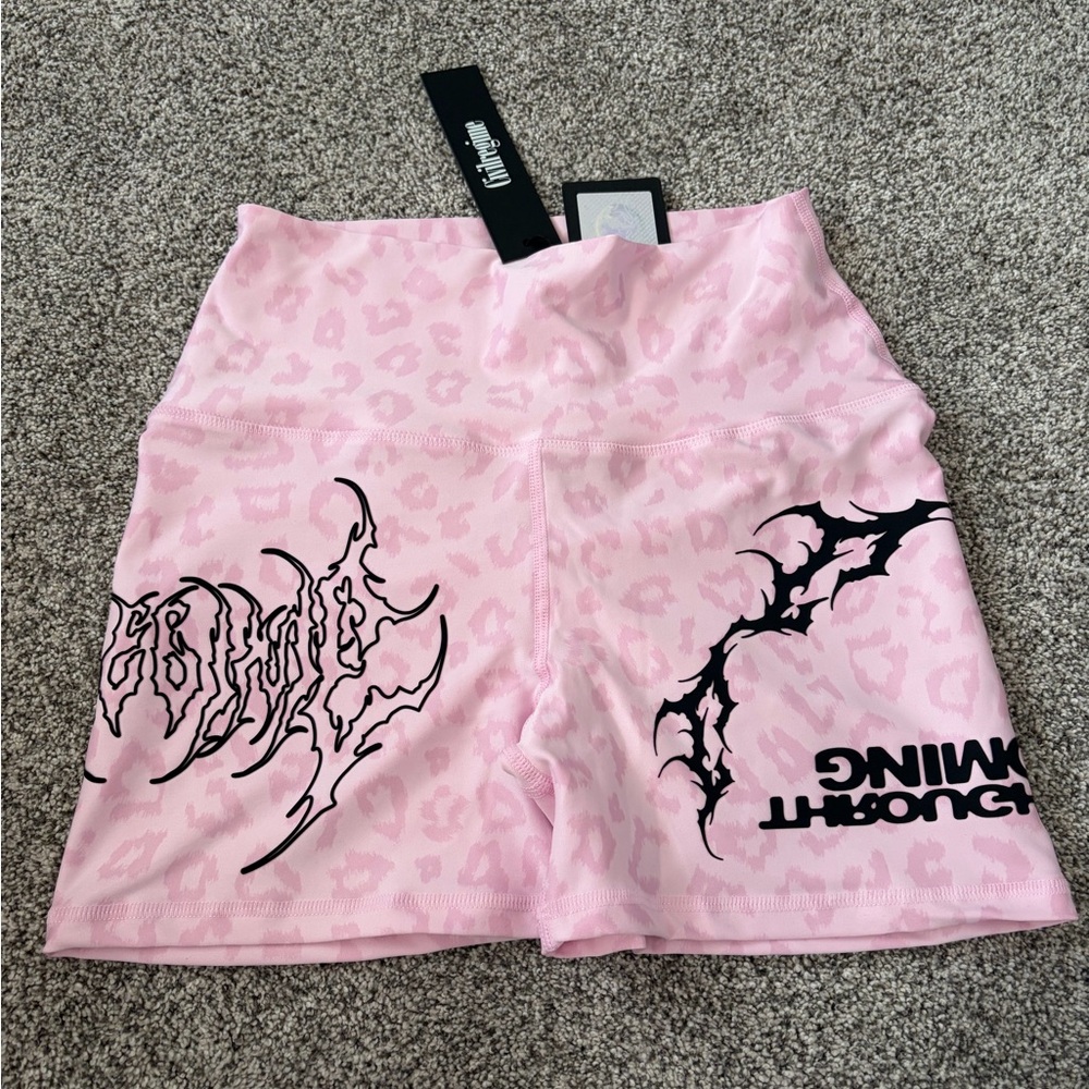 Pink Leopard Print Athletic Shorts with Graphic Detail